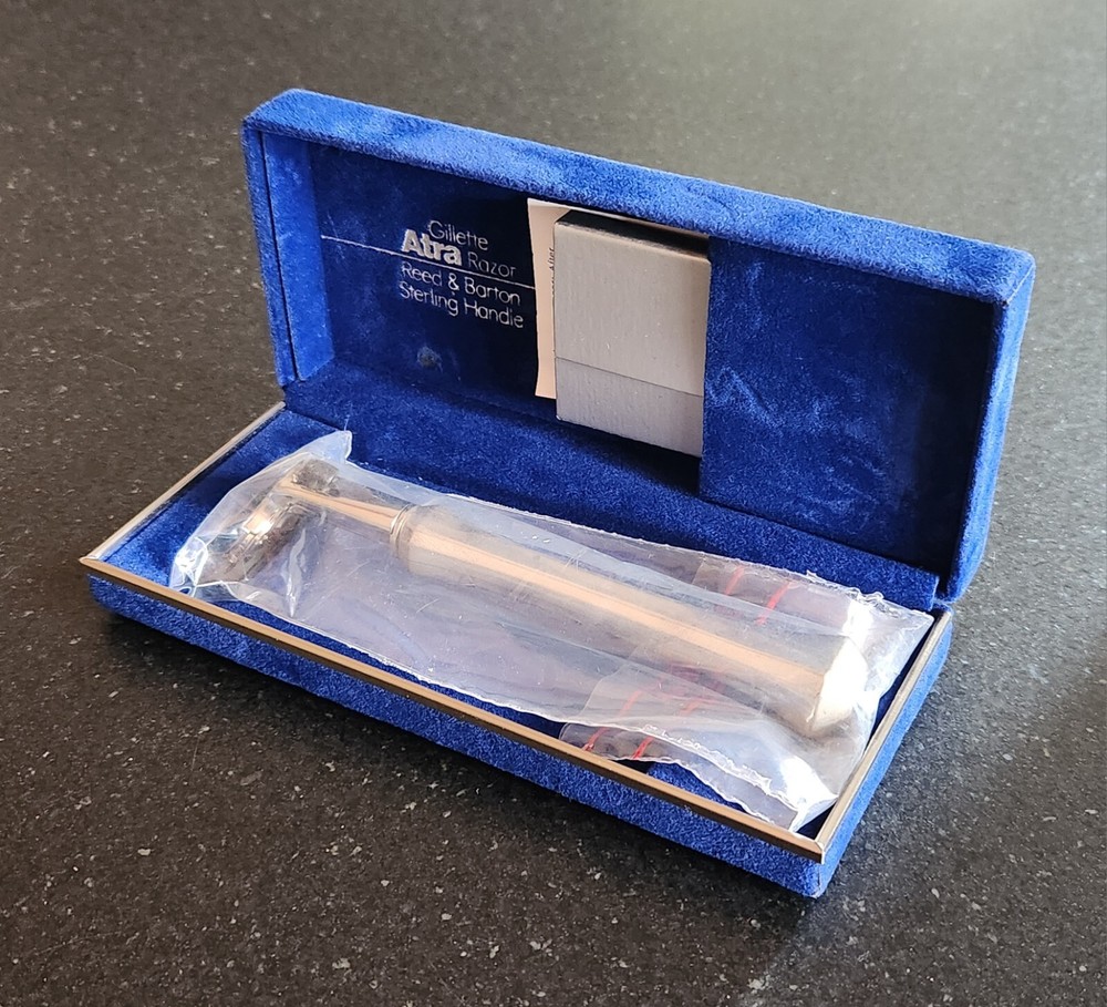 Reed & Barton Gillette Atra Sterling Silver Handle Razor 5 Blades Velvet Box NIB