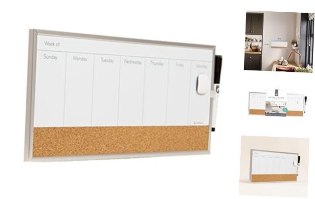 Magnetic Dry Erase Weekly Calendar Board With Cork Strip, 18