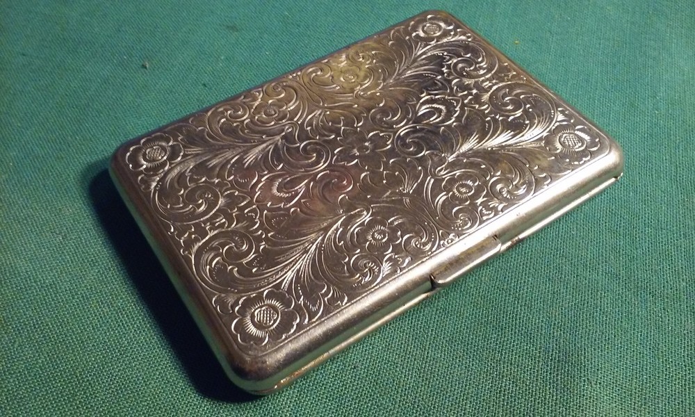 Vintage Silver-Tone Metal CIGARETTE CASE w/ Engraved Floral Design Pattern 85-mm