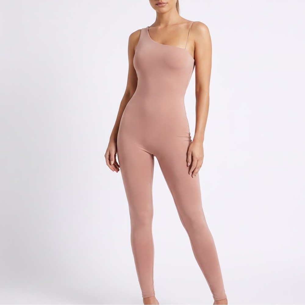 Naked Wardrobe One Shoulder Ribbed Jumpsuit Coco Brown Womens Medium