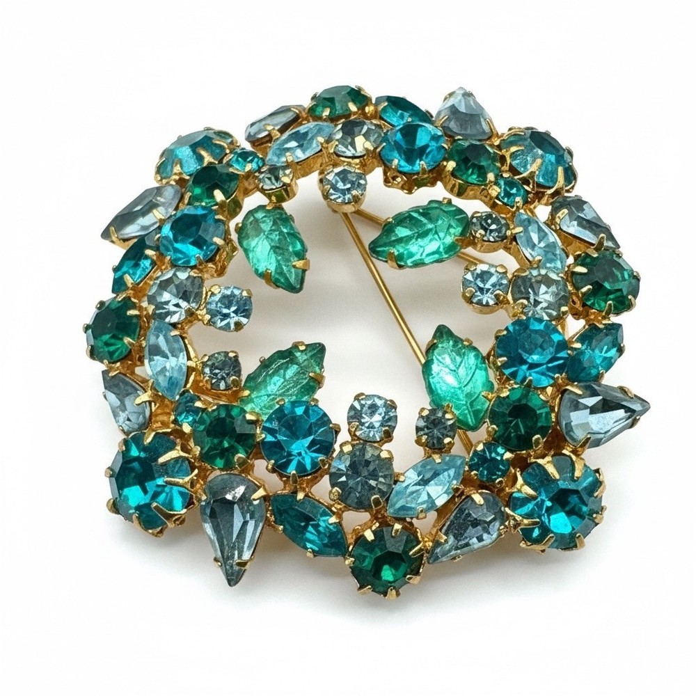 Vintage Wreath Brooch Pin Blue Green Rhinestone Aurora Borealis Leaf Austria