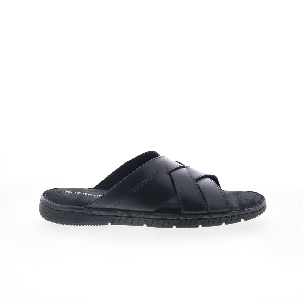 Rockport Jaya RMJAYA Mens Black Leather Slip On Slides Sandals Shoes