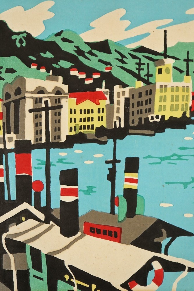 Y1225 work Hide Kawanishi Original framed woodblock print from Meriken Wharf Kob