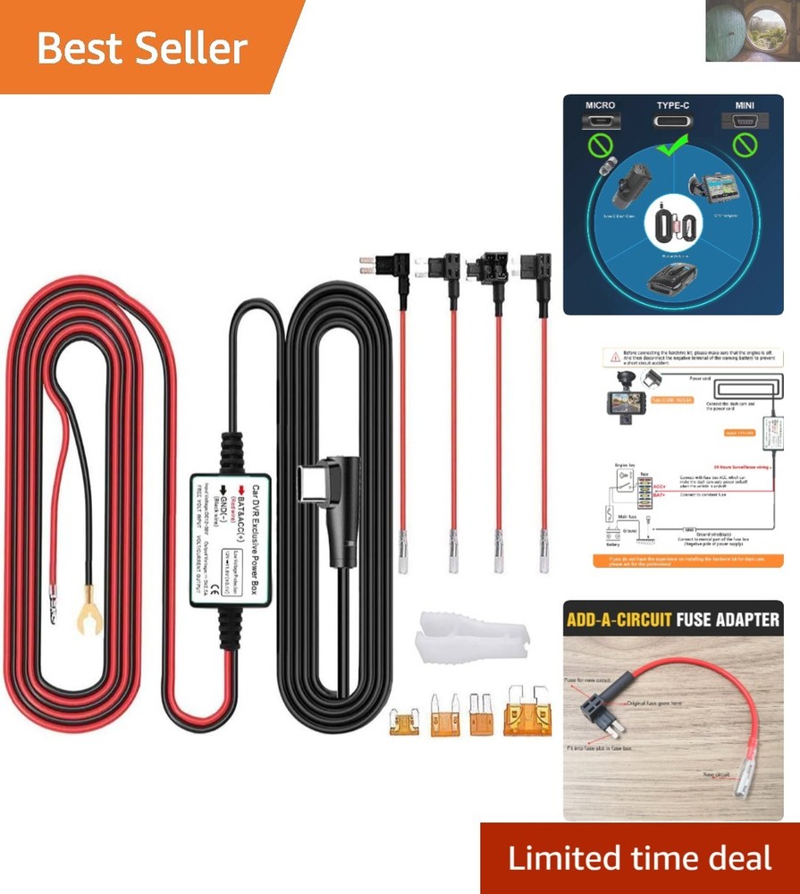 Car Dash Cam Hardwire Kit - 13ft Type C, Low Voltage Protection & Easy Install