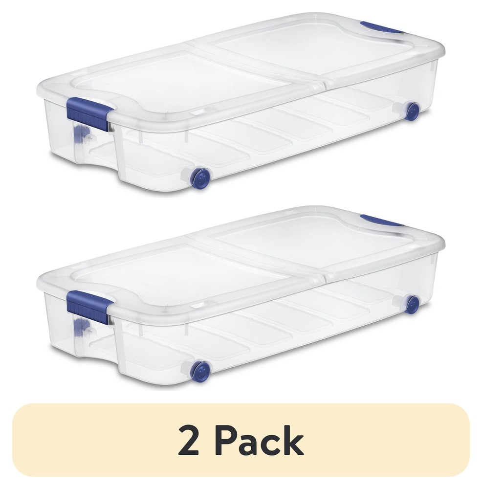 (2 Pack) Sterilite 66 Quart Latchbox with Wheels, Clear Underbed Storage, Blue
