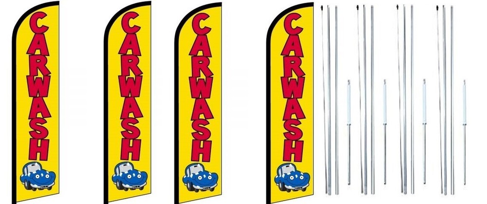 Car Wash (Yellow) Windless Flag With Complete Hybrid Pole set- 4 pack