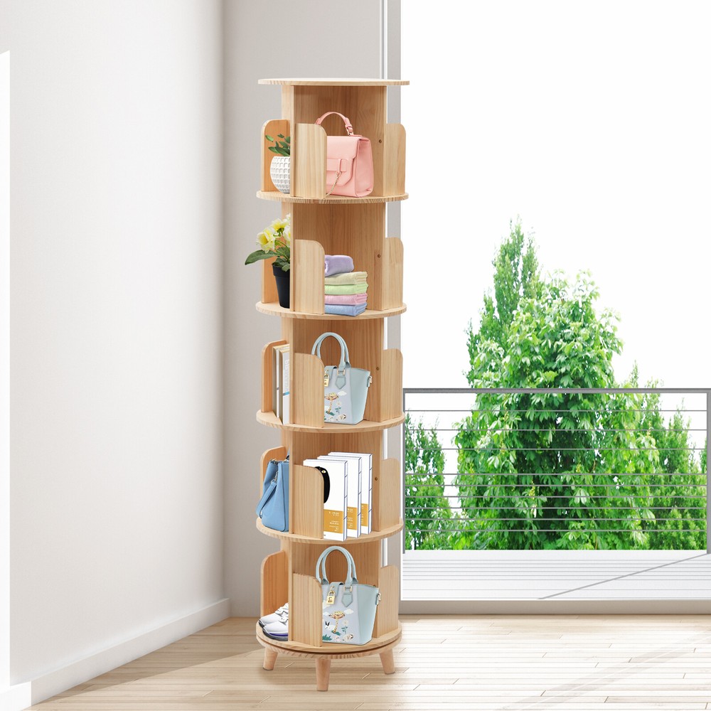 5-Tier Rotating Bookcase - 360° Spinning Storage Shelf for Books & Display