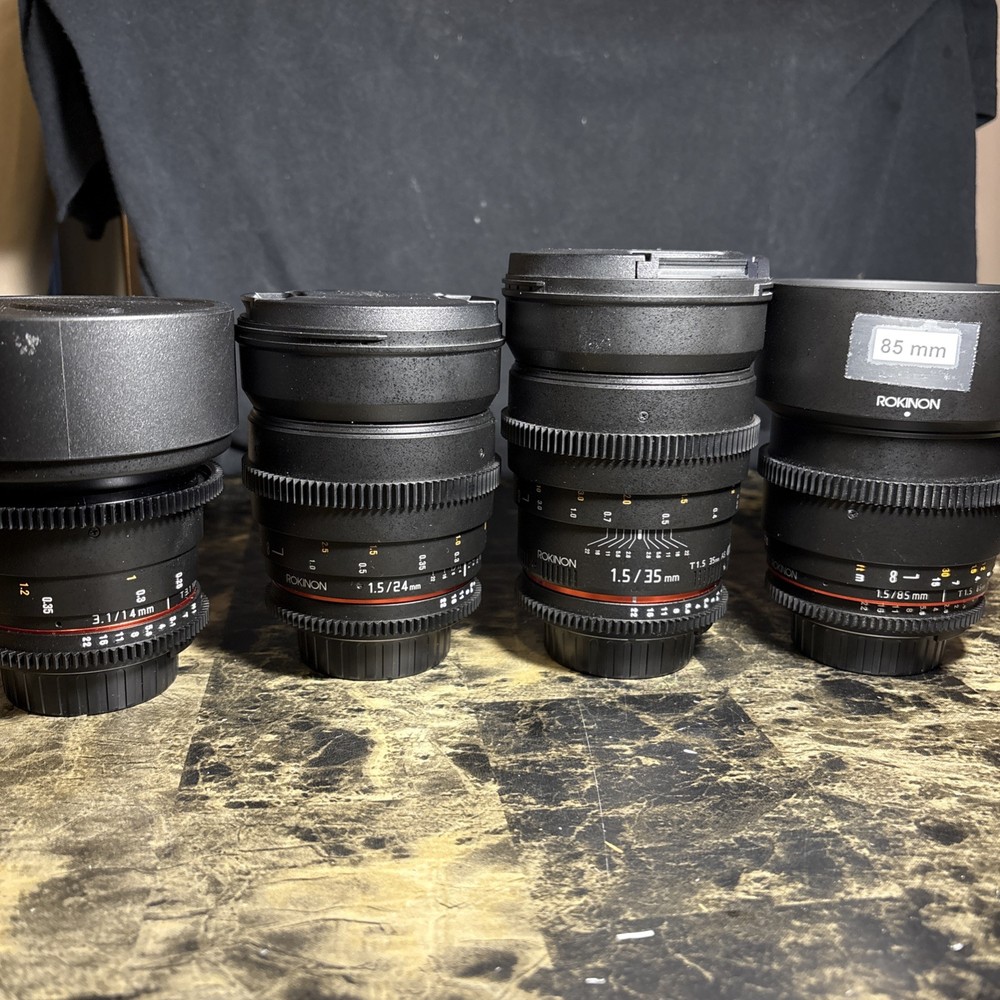 Rokinon 4-Lens Cine Kit for Nikon 14mm 24mm 35mm 85mm T1.5 with Lens Hoods and Caps