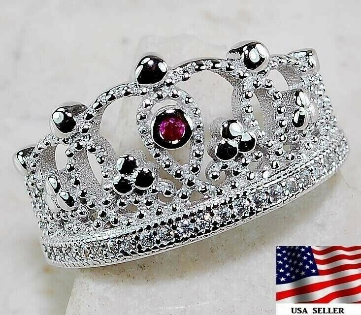 Elegant Tiara Treated Ruby & Topaz Sterling Silver Ring Size 8