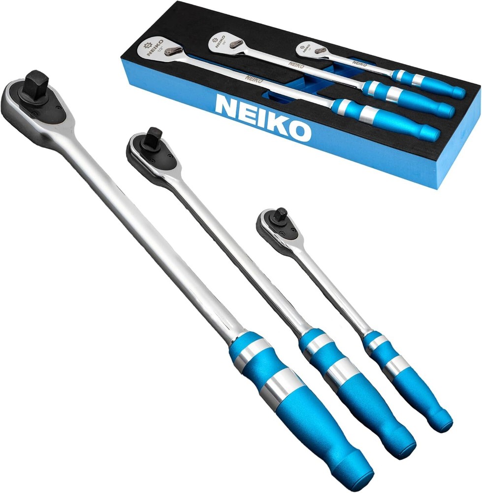 3-Piece Low Profile Flat Head Ratchet Set - 1/4, 3/8, 1/2 Inch Drive