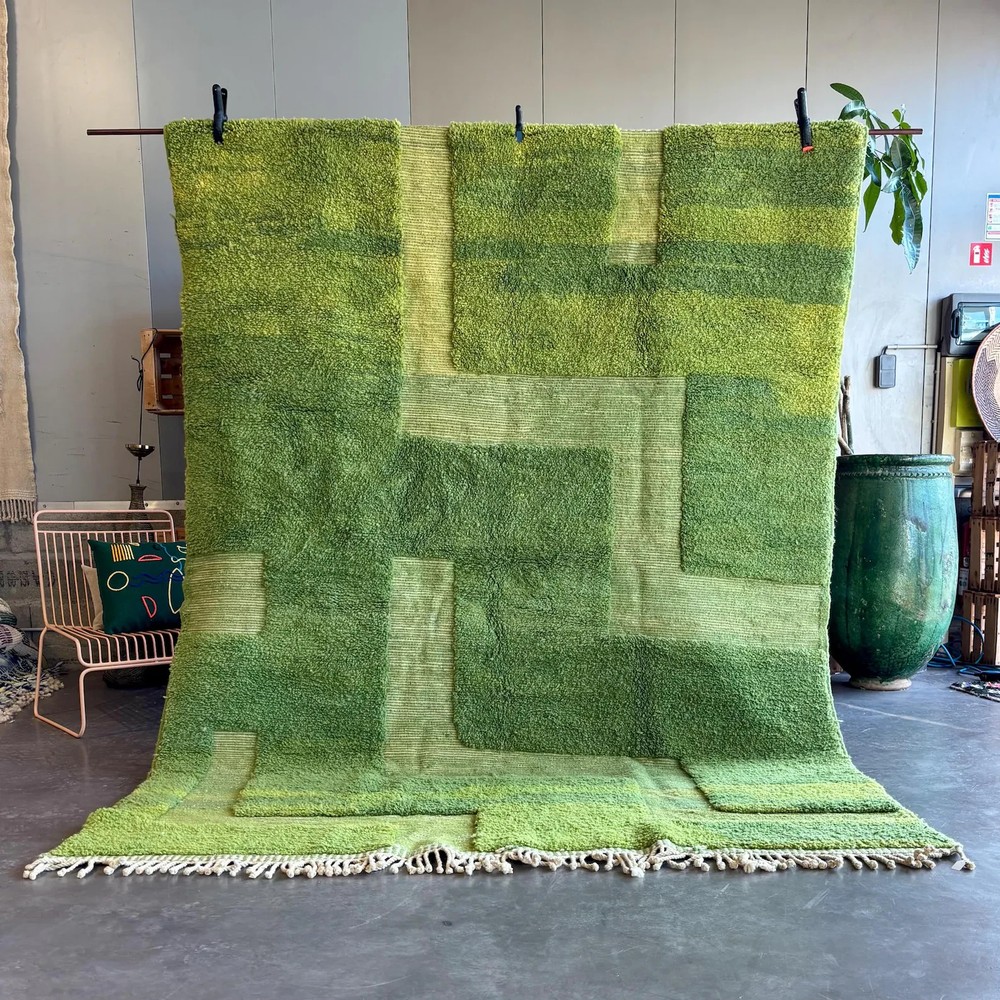 Custom Hand Knotted Moroccan Berber Wool Rug Color Green Design Carpet Rug