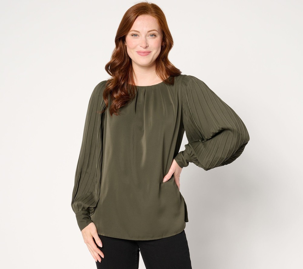 Maya J Women's Top Sz M Romantica Accordian Sleeve Blouse Green A667147