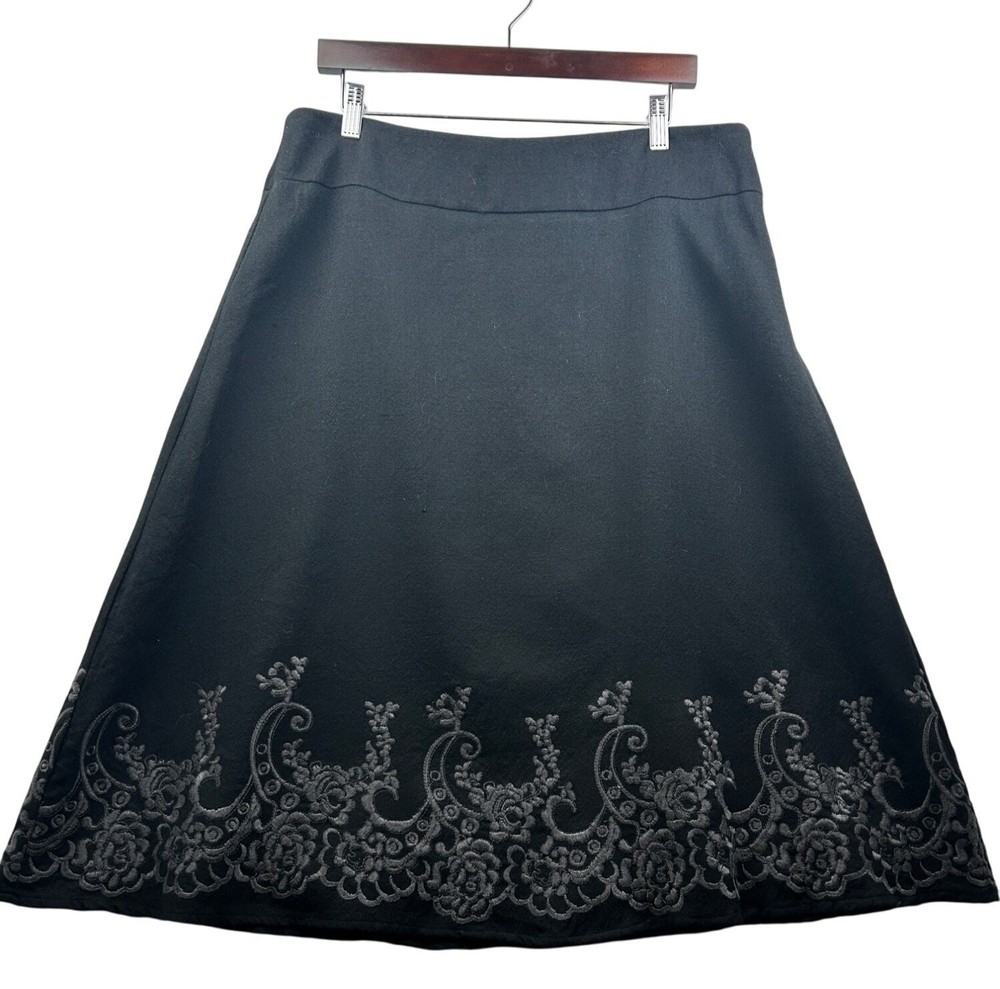David Brooks Black Wool Skirt Womens Size 14 Floral Embroidered Dark Academia Aesthetic