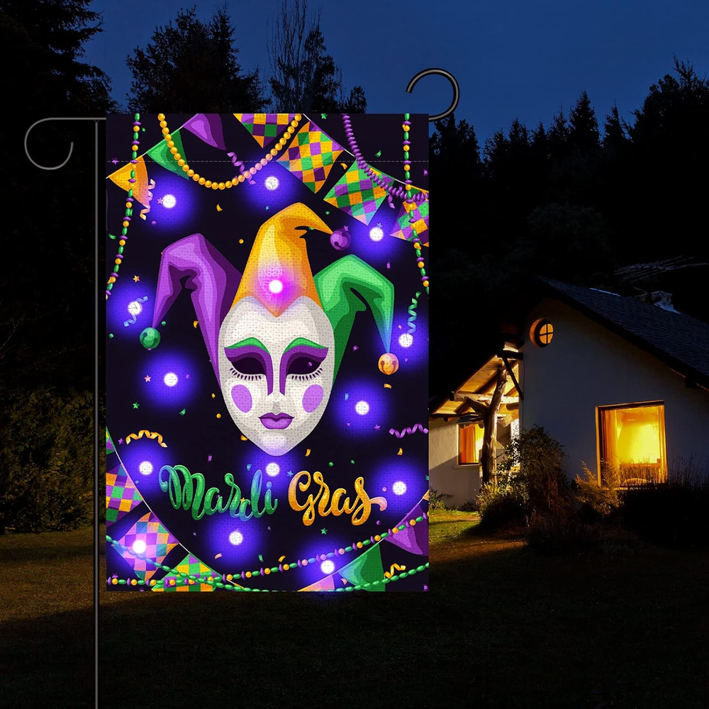 Mardi Gras 12X18 Lighted Double Sided Garden Flag Featuring Vibrant Harlequin Mask Design for Festive Outdoor Decor