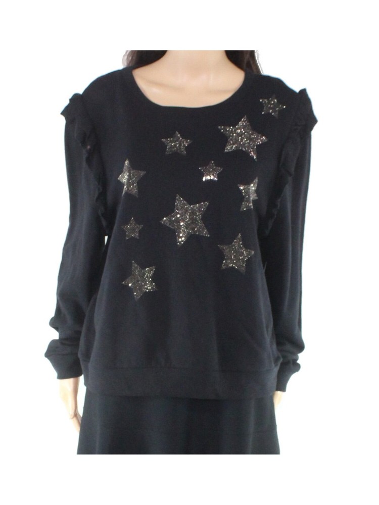 INC Womens Black Ruffled Star Print Sweatshirt Size L Stylish & Comfortable