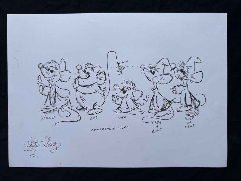 WALT DISNEY drawing and painting on old paper signed stamped vintage