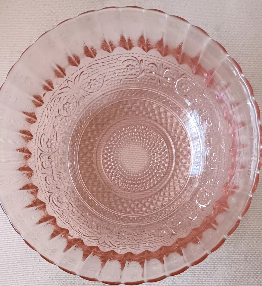 Trellis Pink Fleur De Lis Glass Bowl by KIG Indonesia 6.75 Inch Diameter