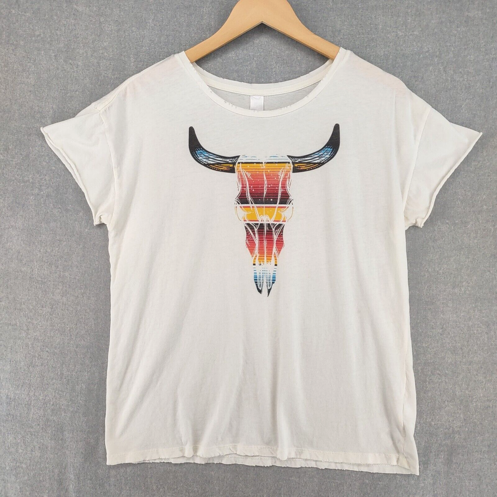 Stetson Top Womens Medium White Western Steer Skull Ripped Cotton Distressed