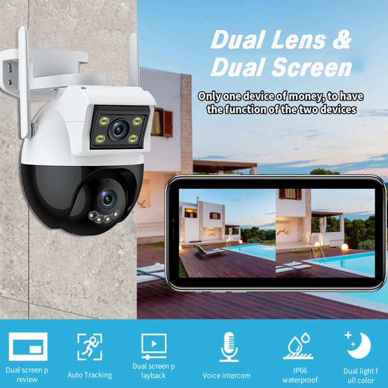 Dual Lens 8MP WiFi IP Camera Wireless Outdoor CCTV PTZ Home Security Cam ICSee