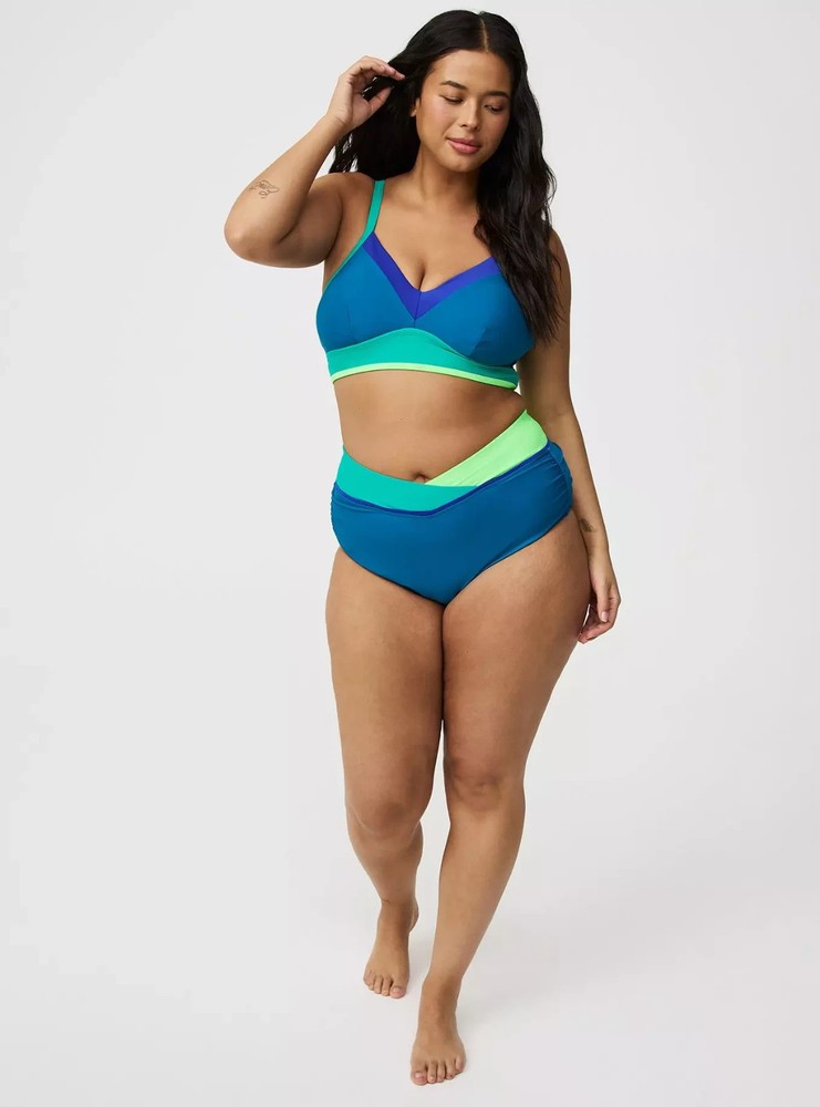EUC Torrid Size 3  2Pc Bikini Blue Green V Front Ruched High Waist Swim Set