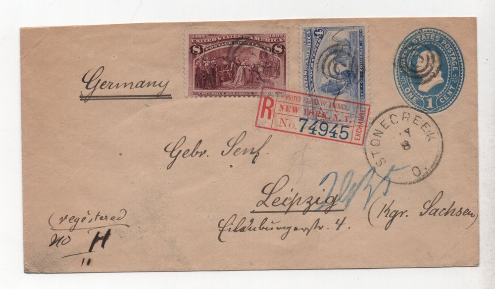 US TO GERMANY 1896 NEW YORK EXCHANGE LABEL UPSS 899A ON SCOTT #U300