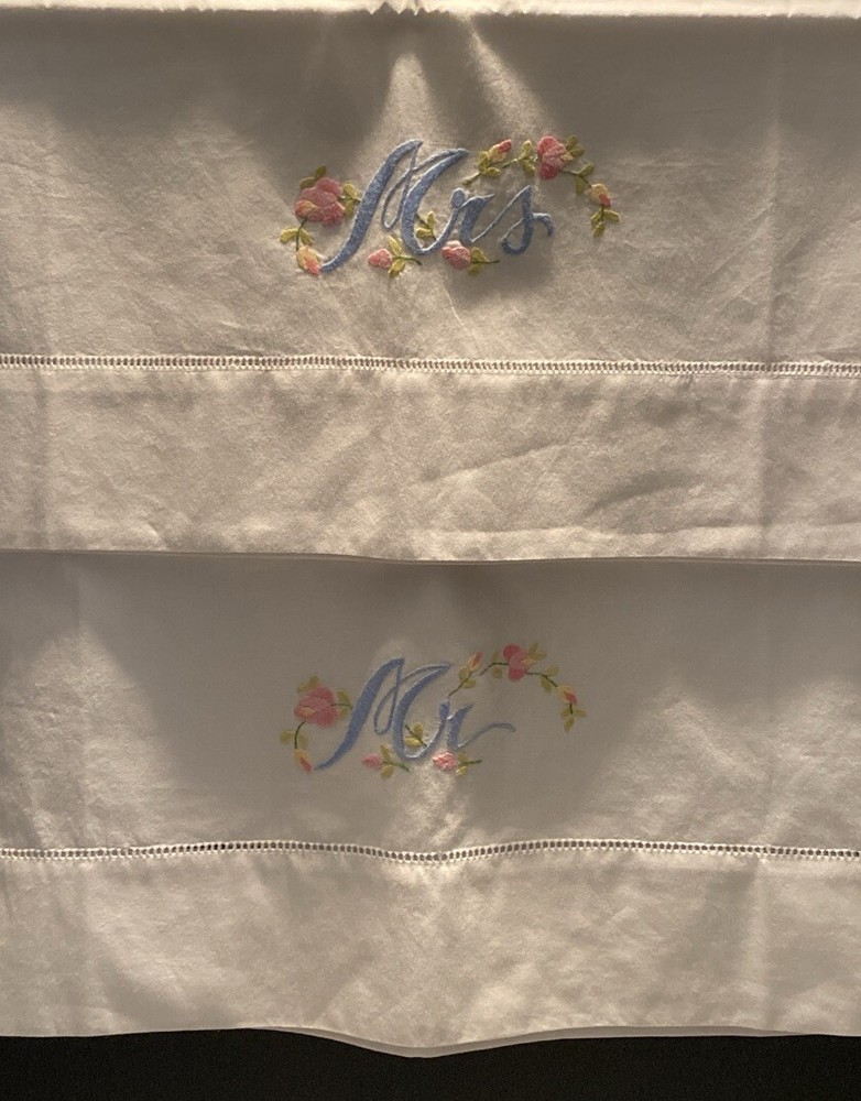 2 NWT Pine Cone Hill Fine Linens Stnrd Cotton Pillow Cases Embroidered Mr & Mrs