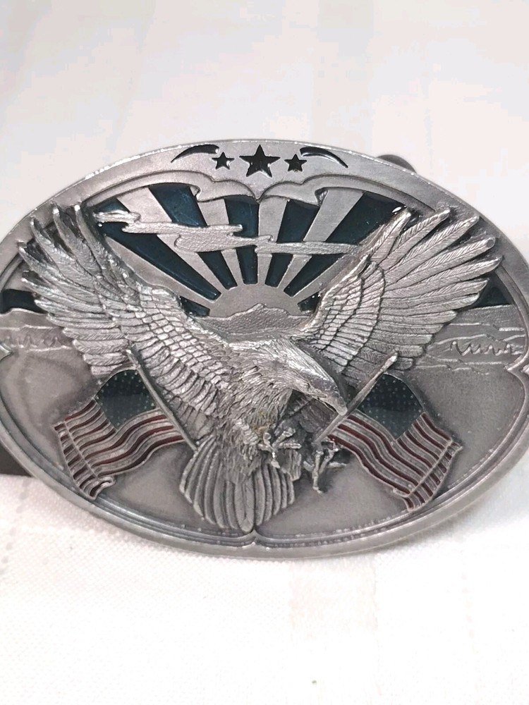 Men's Unique Belt Buckle Bald Eagle Flags USA Teal Enamel Bergamot T-256 980106