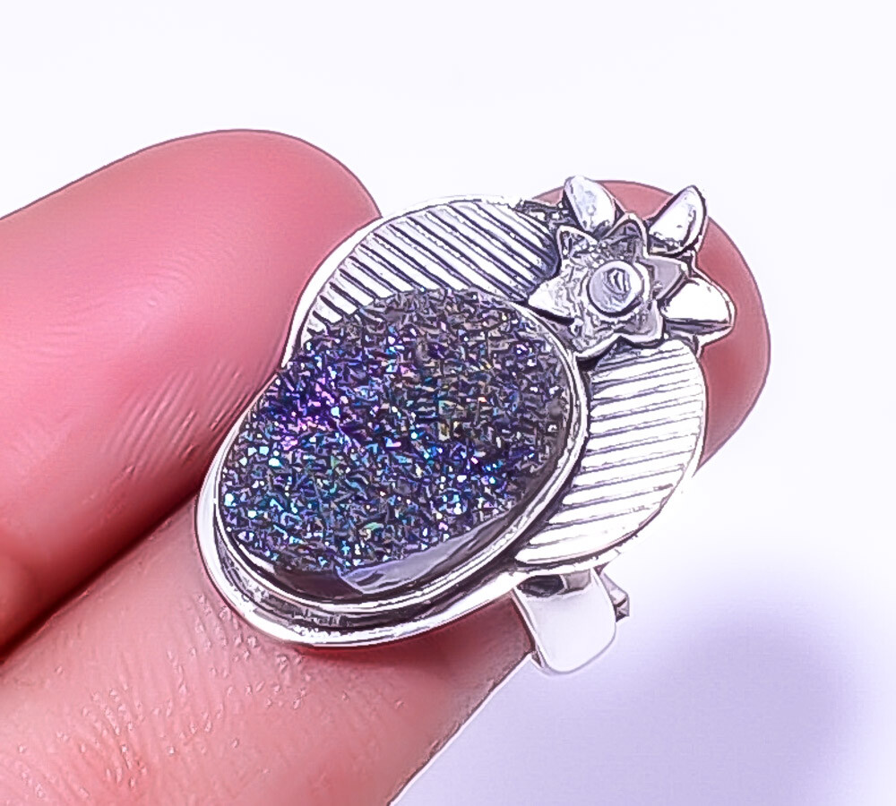 Titanium Peacock Agate Drusy Designer 925 Sterling Silver Ring Adjustable (R6)