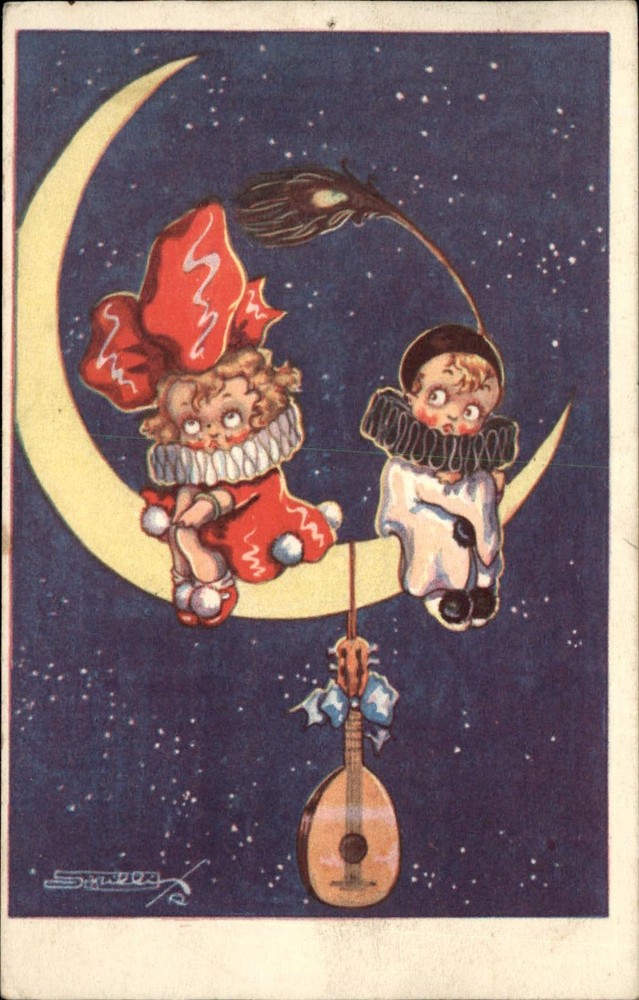 Little Pierrot Clowns Sit on Crescent Moon Manodolin c1900-20s Vintage Postcard
