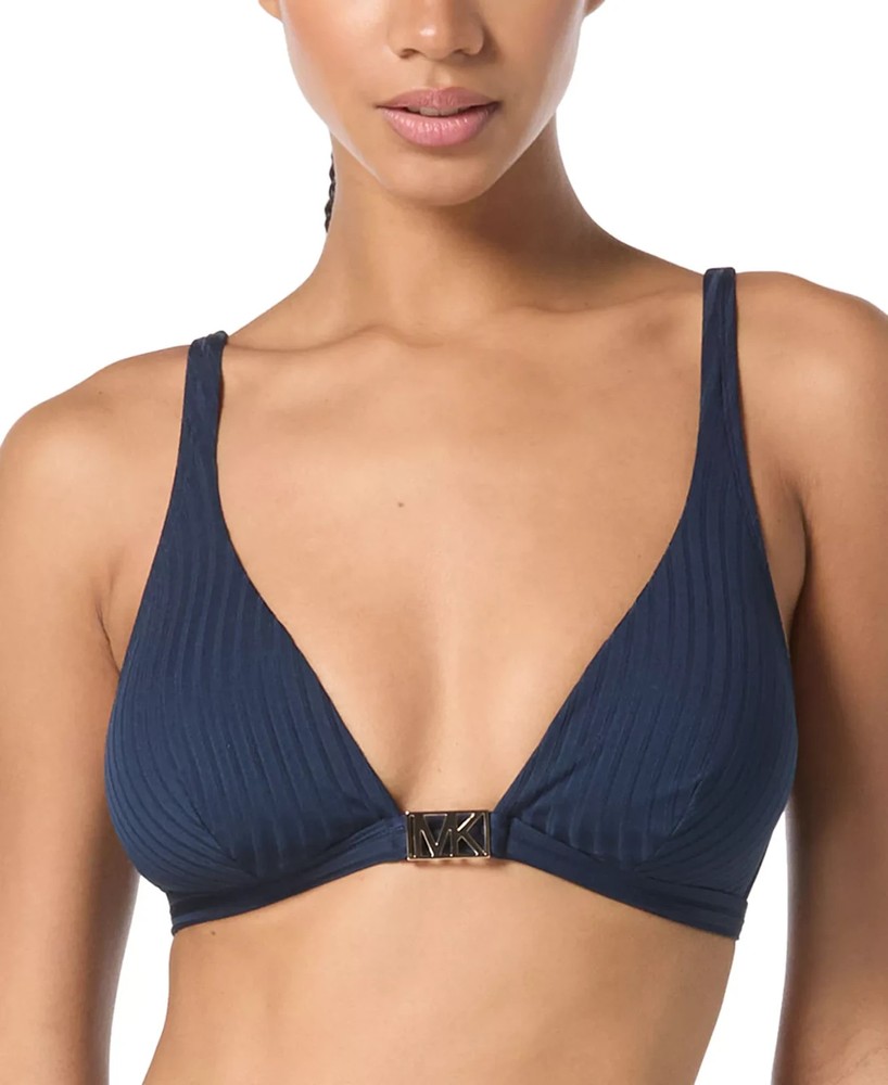 MICHAEL Michael Kors Women's Ribbed Hardware V-Neck Bikini Top Navy Size M 2277