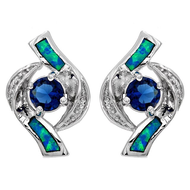 1CT Treated Blue Sapphire & Australian Opal Inlay 925 Sterling Silver Earrings