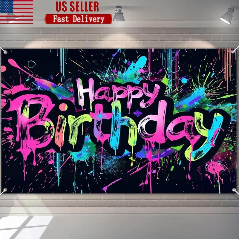 Neon Happy Birthday Banner Urban Graffiti Style Party Decoration Teens Adults US
