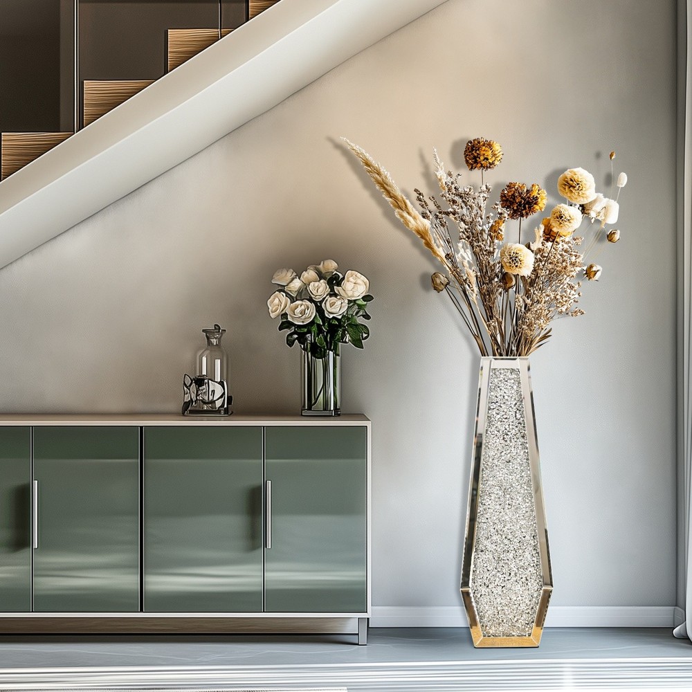 Crushed Diamond Mirrored Floor Vase Tall Silver Glass Decor fr Dried Flower 27