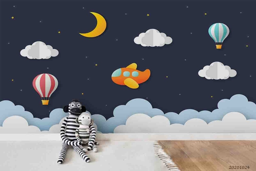 3D Airplane Moon Clouds Papercut Style Wall Murals Wallpaper Murals Wall Sticker
