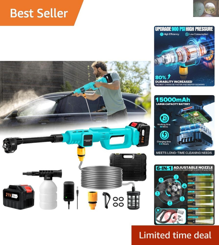 Cordless 900 PSI High Pressure Washer with 15000mAh Battery Portable Versatile Cleaner