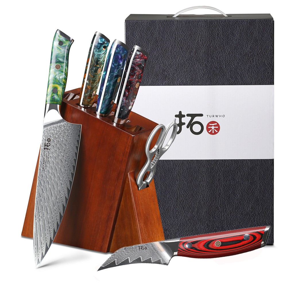 7x TURWHO Kitchen Knife Block Set Damascus Steel Chef Santoku Bread Slicer Knife