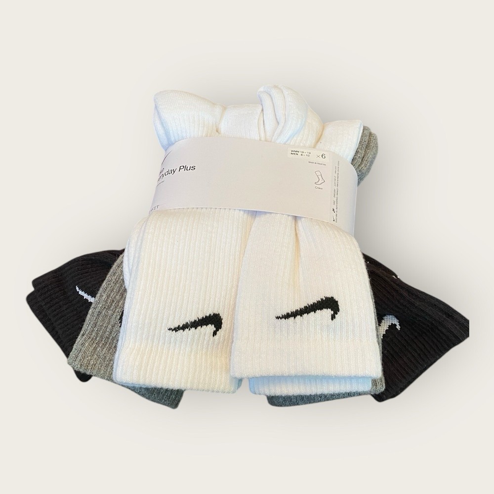 Nike Socks Mens 8-12 Black White Gray Everyday Plus Crew Dri-fit Training NEW