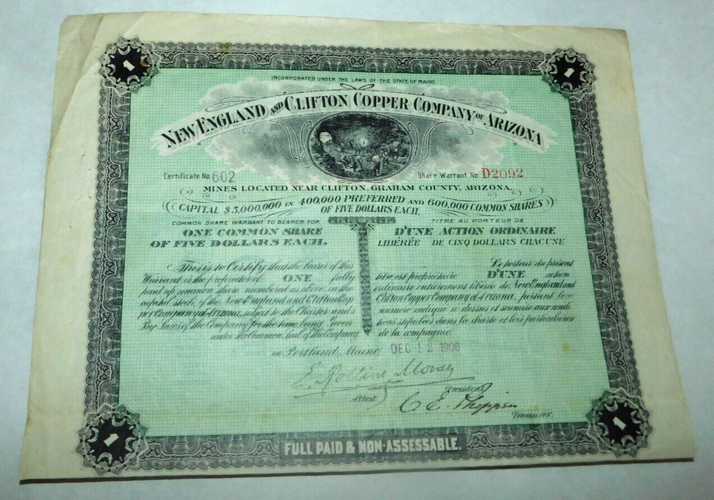 1906 New England Clifton Copper Co Arizona Stock Certificate