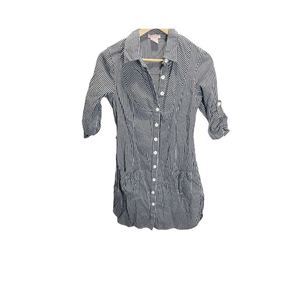 Fire LA Button-Up Striped Dress Small White Blue 3/4 Sleeve  