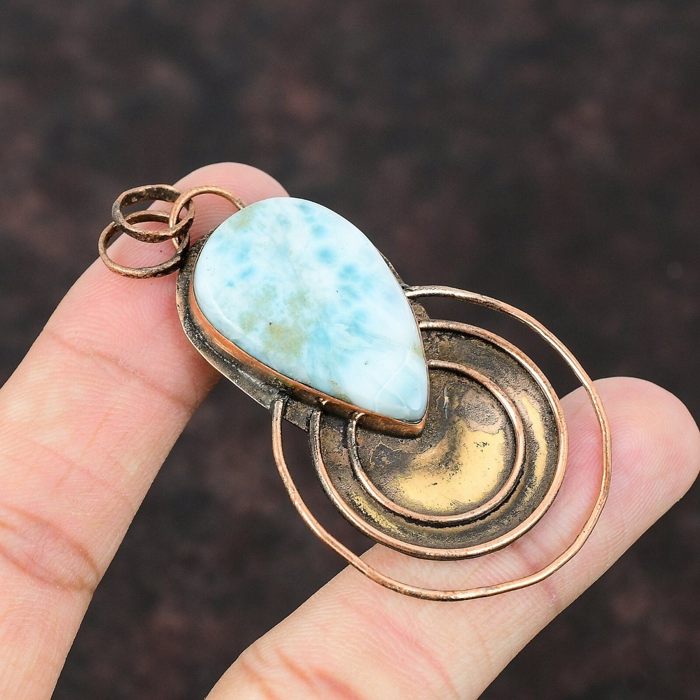 Mothers day Sale Copper Larimar Stone Bezel Engagement Birthday Pendant Jewelry