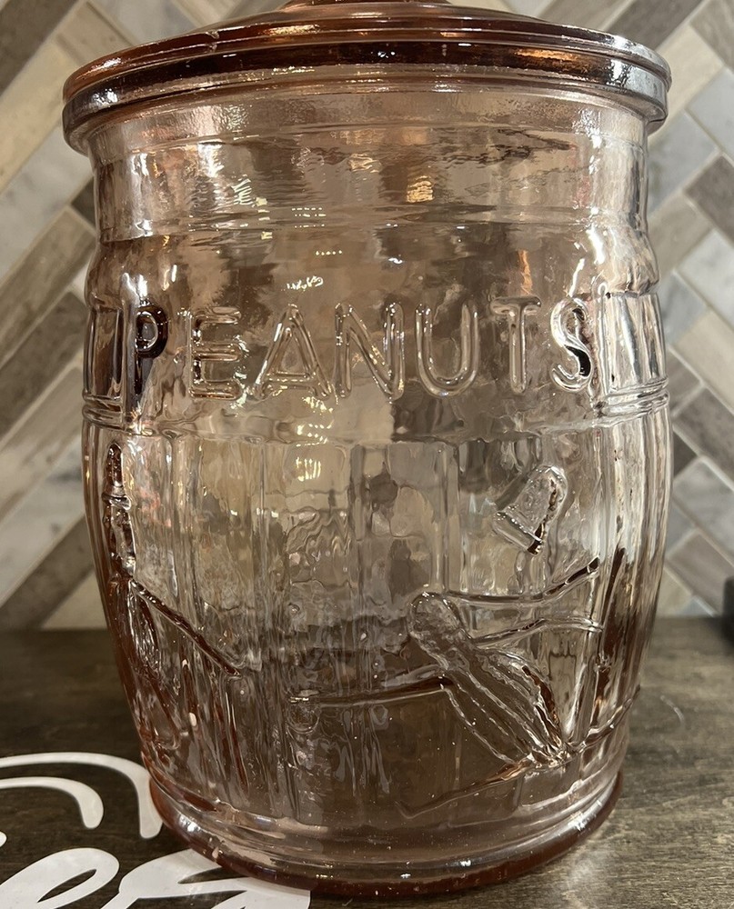 Vintage Mr Peanut Pink Depression Glass Barrel Jar with Lid 10 Inch
