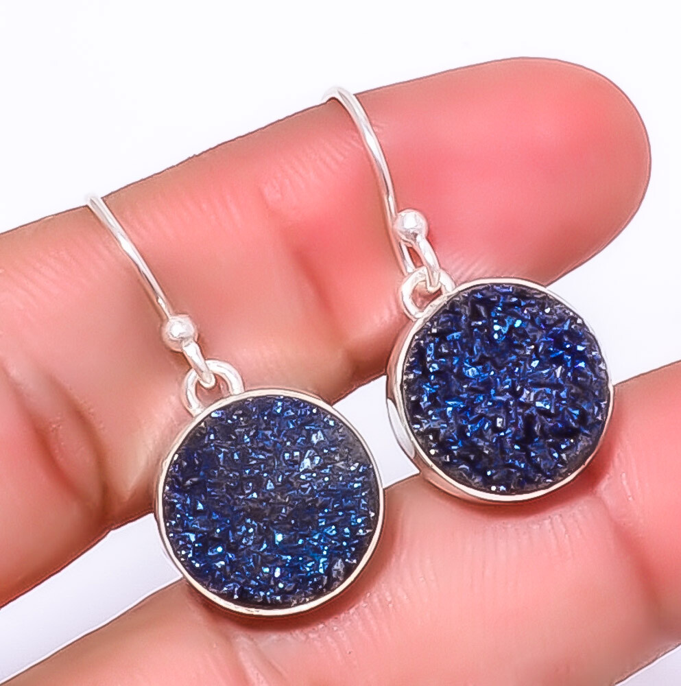 Titanium Blue Agate Drusy 925 Sterling Silver Jewelry Earring 1.17