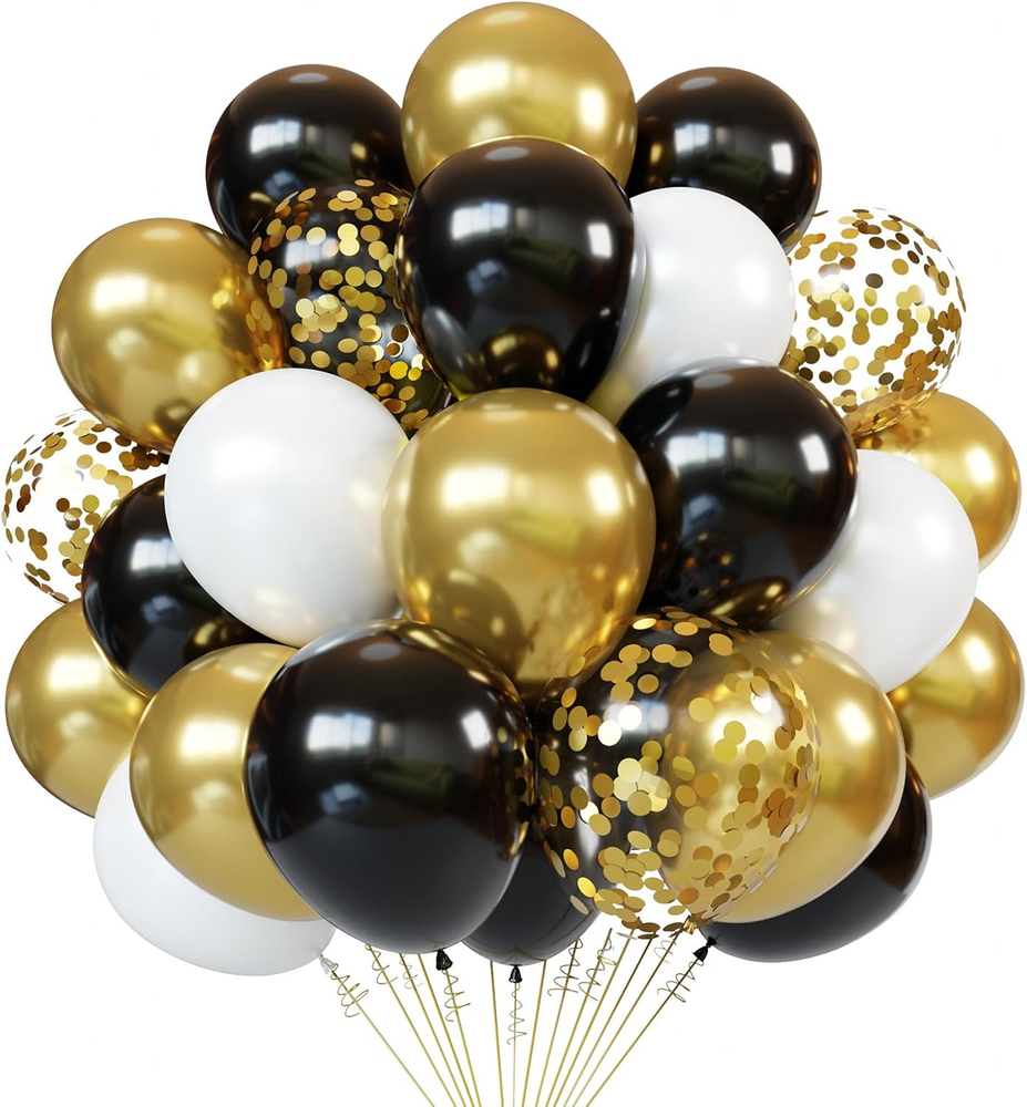 Black White Gold Latex Balloons, 50Pcs 12 Inches Black White Gold Confetti Party
