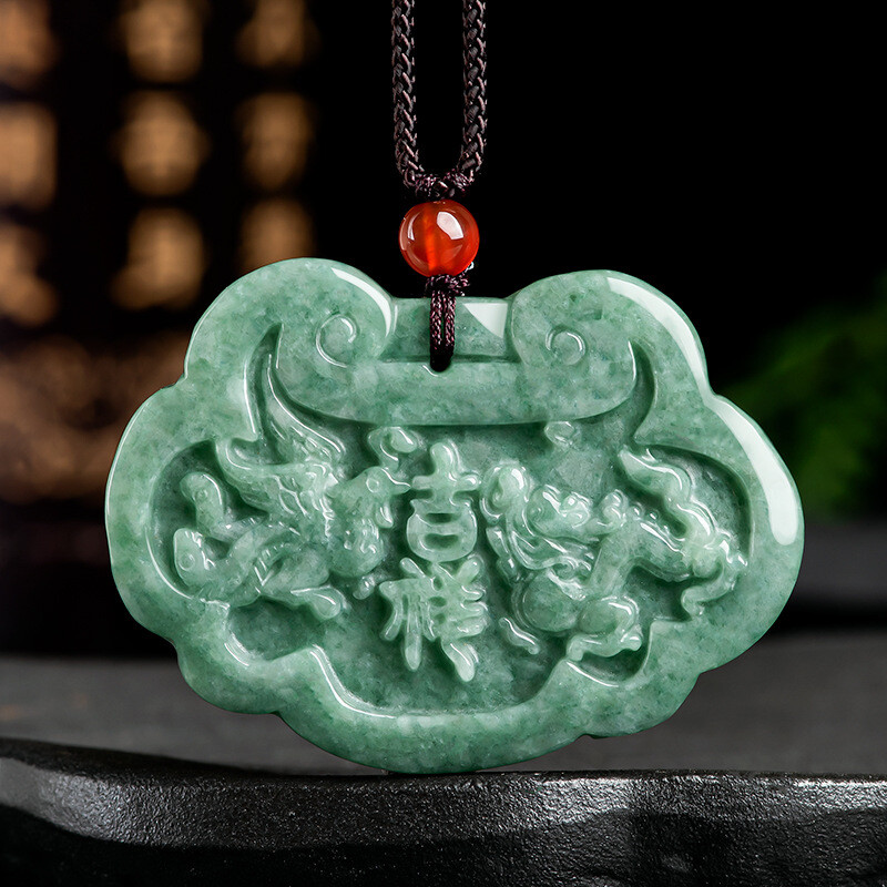 Certified Natural Genuine Burma Green A Jade Jadeite Dragon and Phoenix Pendant