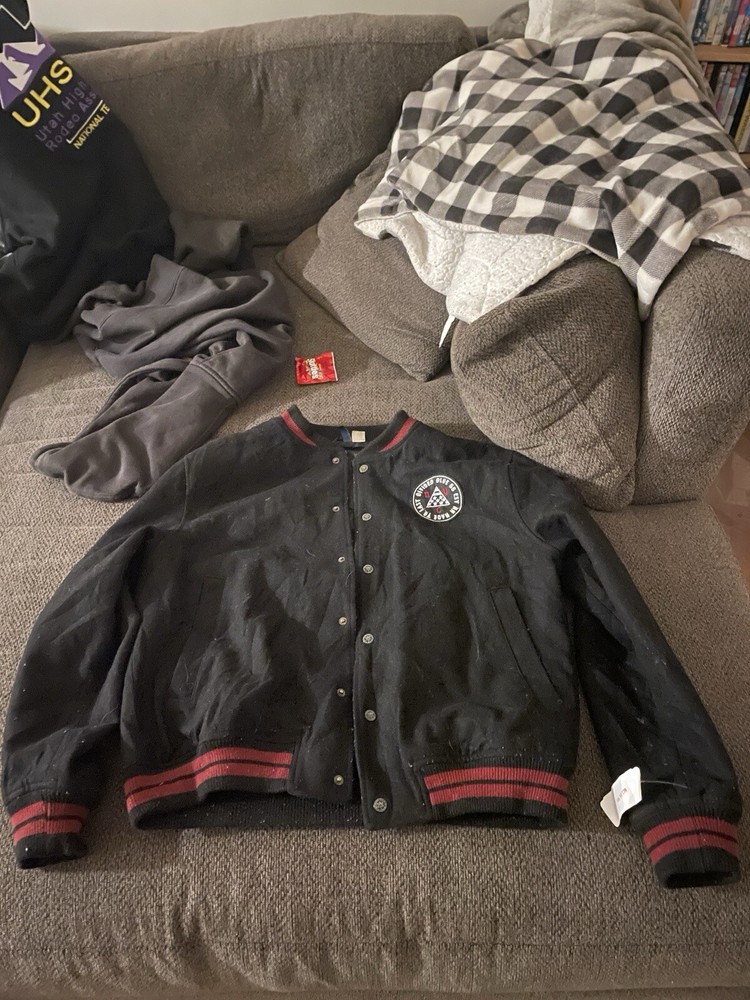 H&M Men's Black Burgundy Varsity Wool Blend Jacket Size XL