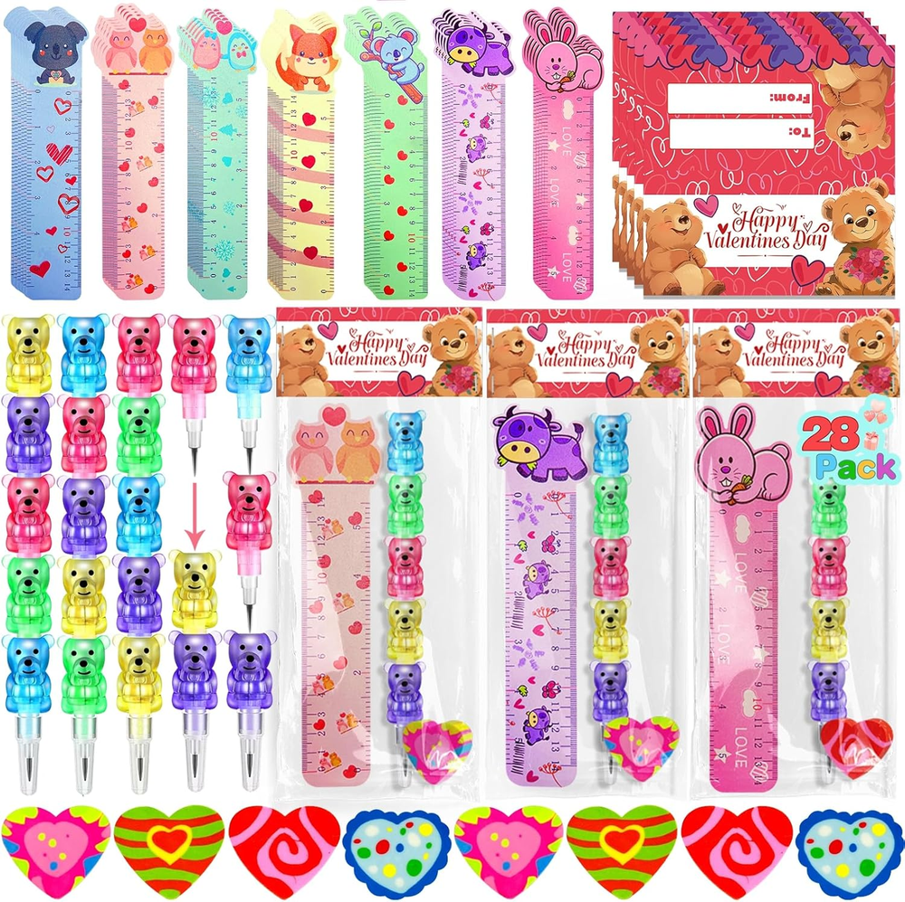 28-Piece Valentines Day Kids Stationery Gift Set with Cards for School Classmates  