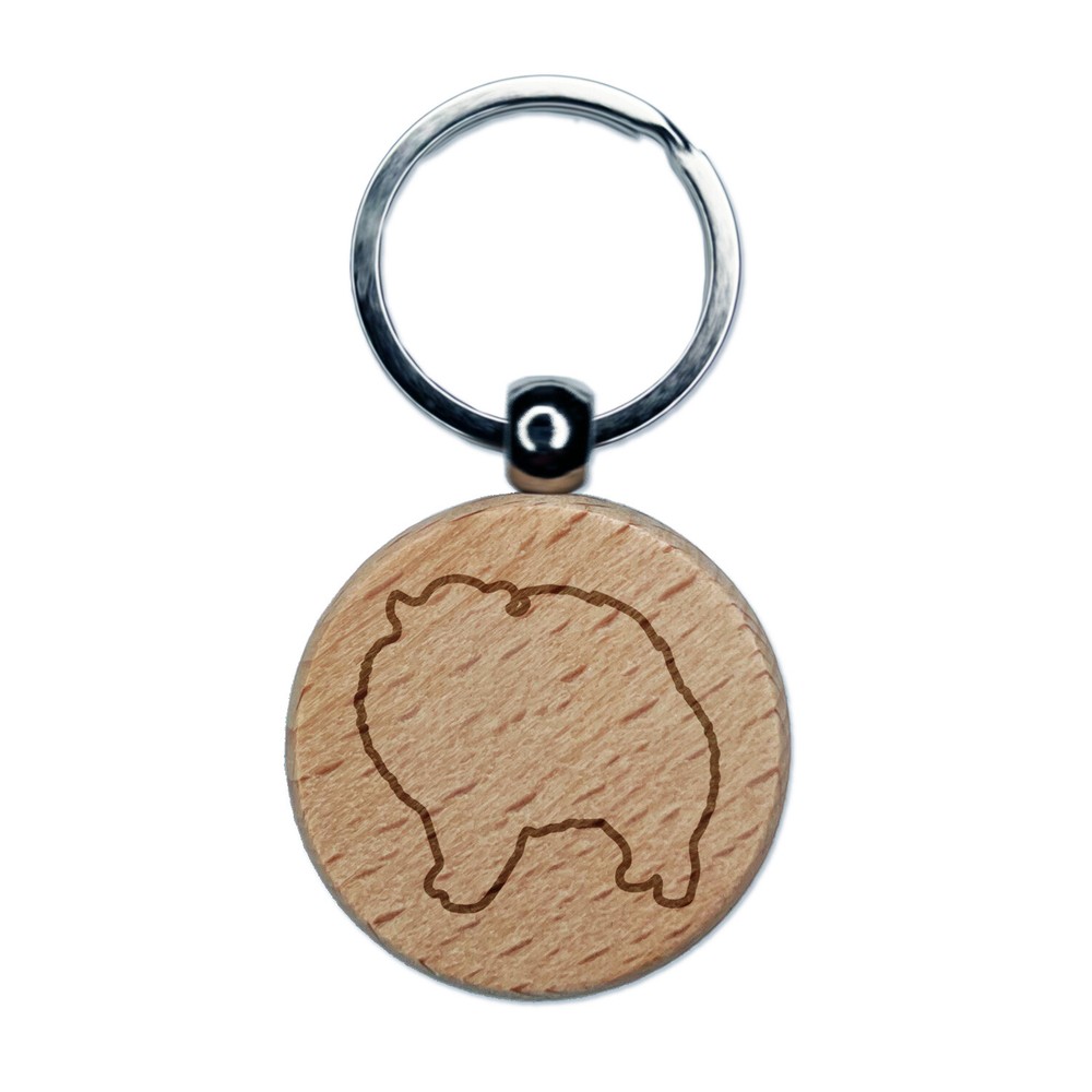 Pomeranian Dog Outline Engraved Wood Round Keychain Tag Charm