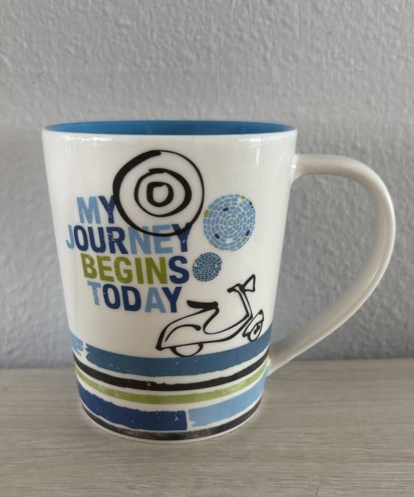 STARBUCKS Coffee Mug Cup My Journey Begins Today Vespa Scooter 2008 14 Oz Blue