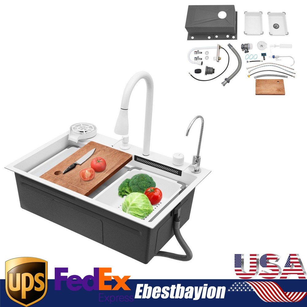 Kitchen Sink Rectangular Countertop Sink Stainless Steel Sink w/ Pull-out Faucet