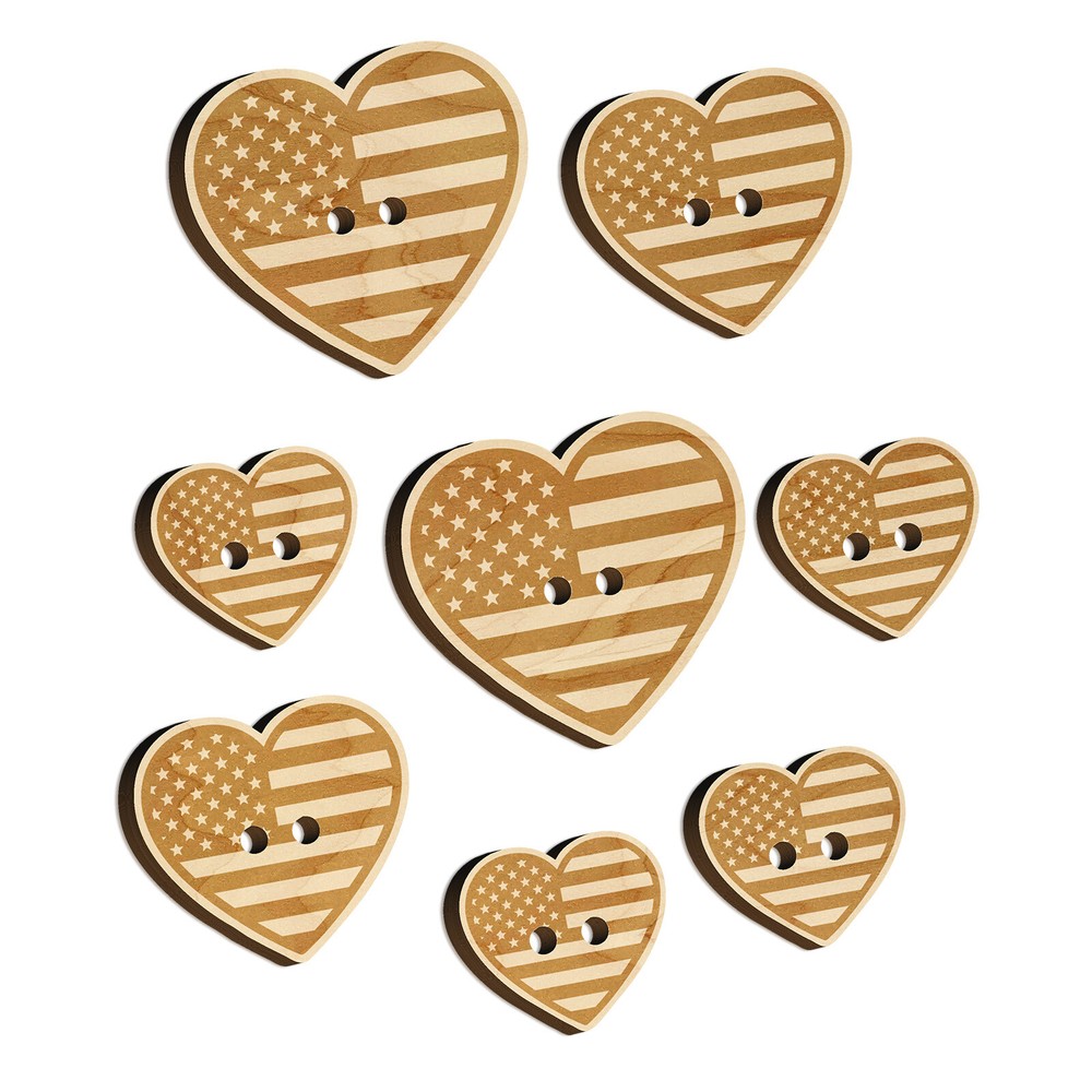Heart Shaped American Flag United States of America USA Wood Buttons for Sewing